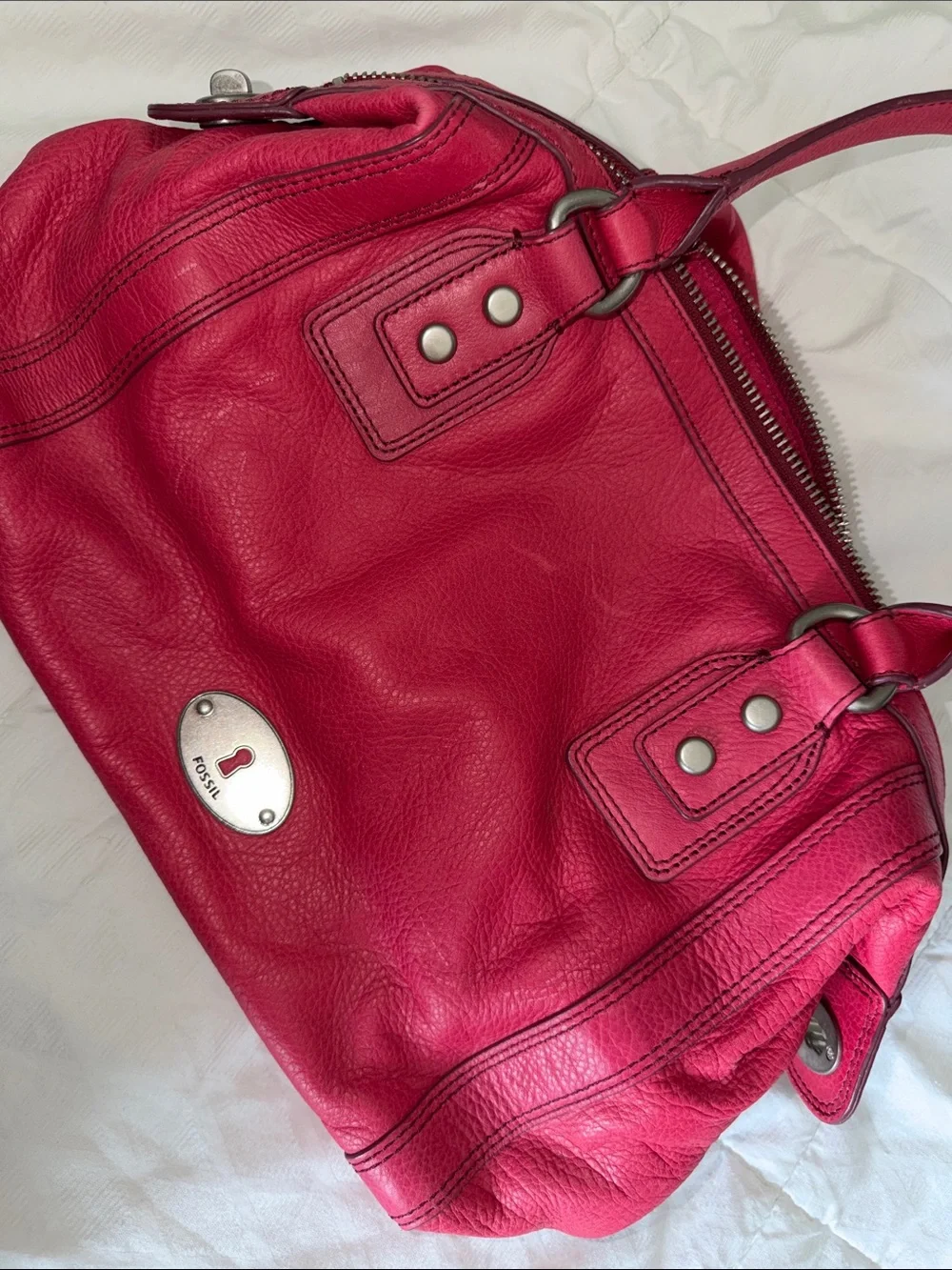 Fossil Hot Pink Leather Satchel Handbag